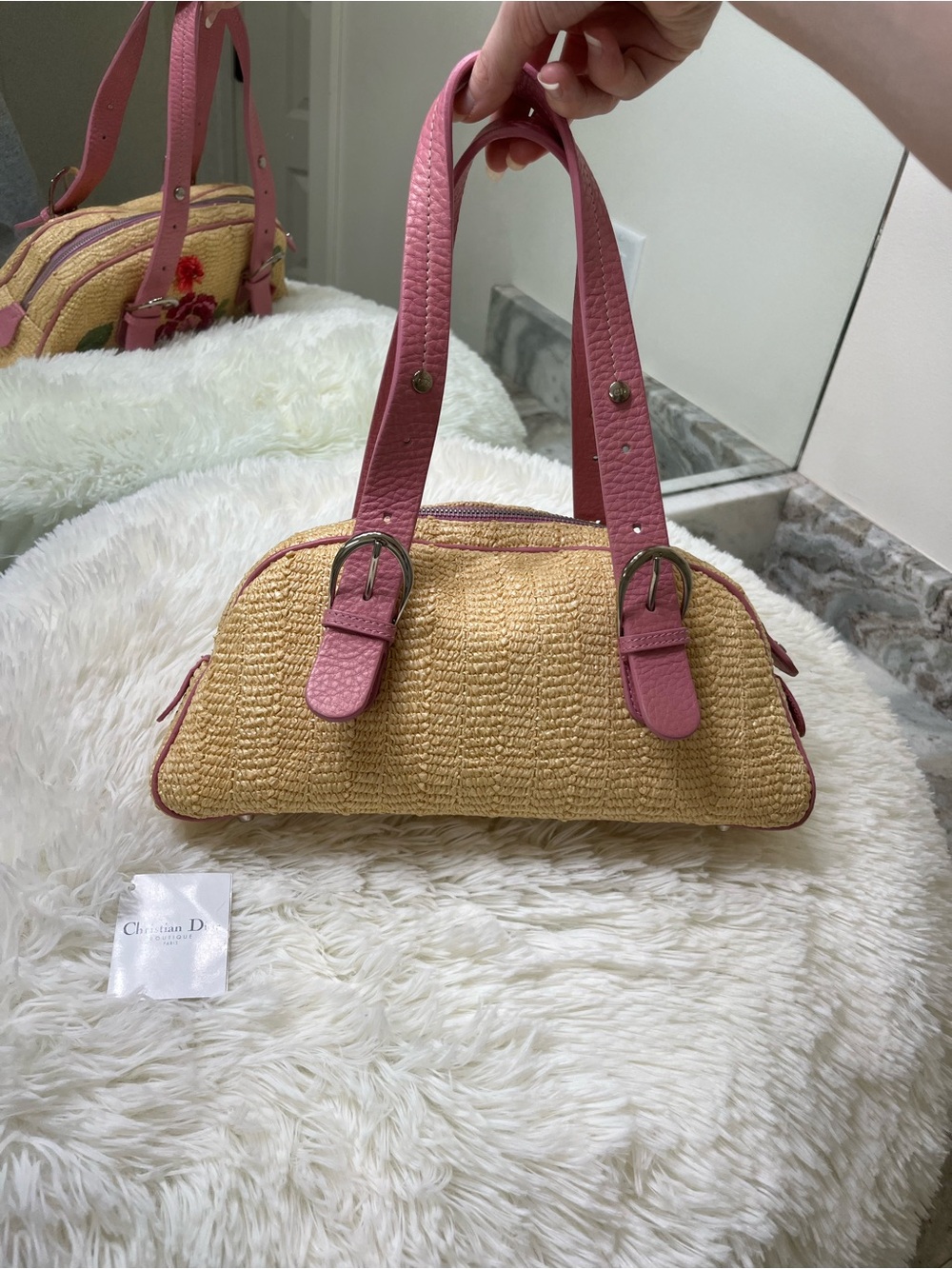 Limited Edition 2005 Dior Floral Wicker and Pink Raffia Flower Vintage Hand Bag - Picture 2 of 8